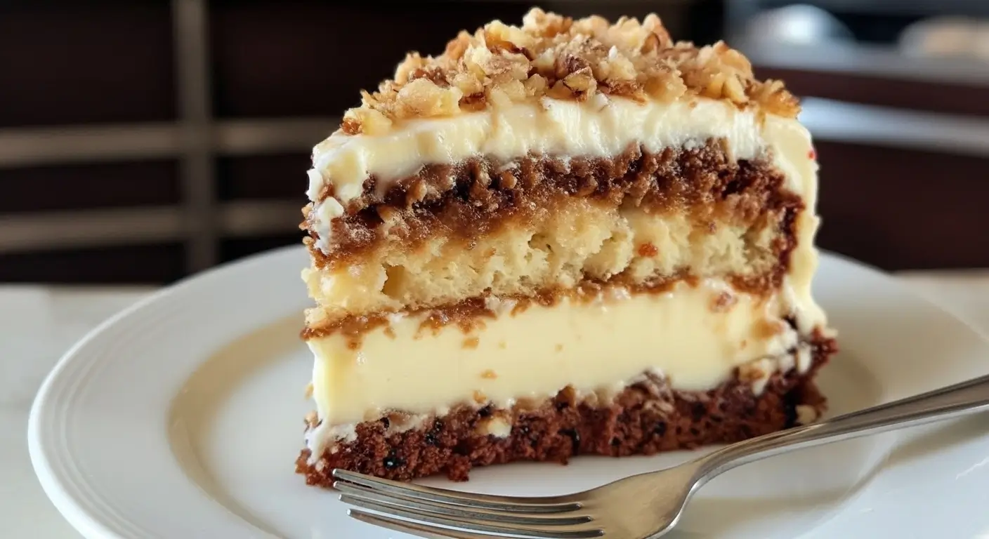 White German Chocolate Cake with a Cheesecake Center