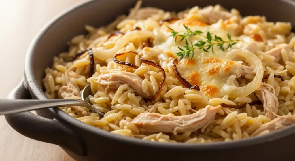 Crockpot Creamy French Onion Chicken and Orzo