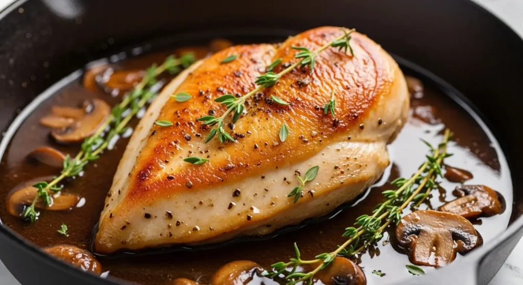 Smothered Chicken in Mushroom Wine Pan Sauce