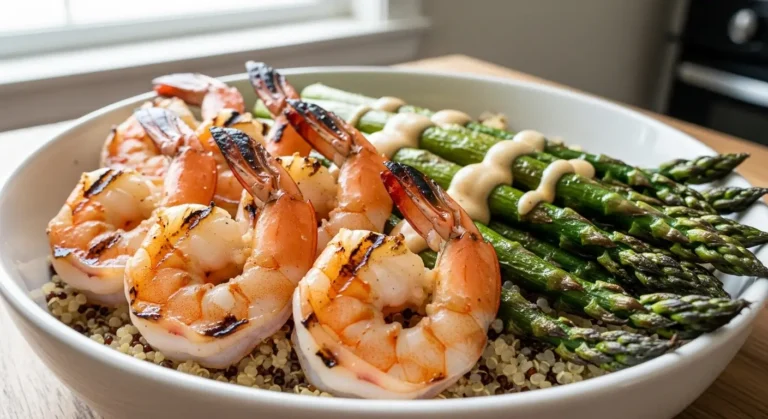 Grilled Shrimp Bowl with Asparagus & Creamy Garlic Sauce